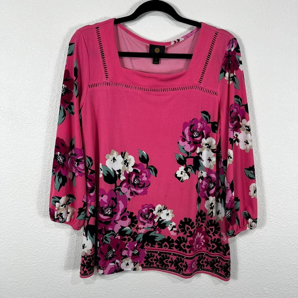 JM Collection Top Blouse Pink Floral Square Neck 3/4 Balloon Sleeve Women's M‎